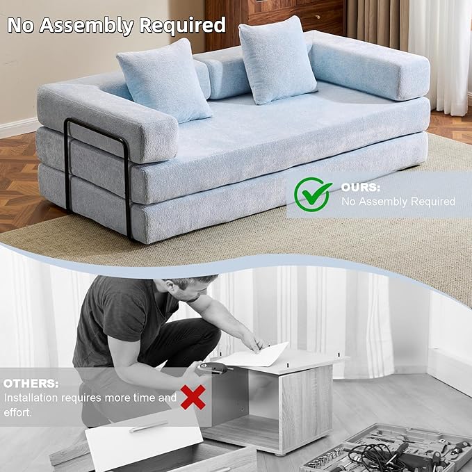 Convertible Floor Sofa Bed Fold Out Floor Couch with Pillow Back &amp Armrest Compressed Couch with Fixed-Shape Frame Chenille Foldable Sleeper Sofa Bed for Living Room Bedroom Light Blue