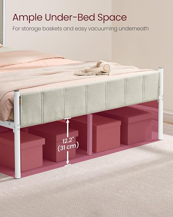 VASAGLE Queen Bed Frame with Upholstered Headboard Metal Bed Frame Queen Size with Footboard 1100 lb Weight Capacity Steel Slats Easy Assembly No Box Spring Needed Cappuccino Beige URMB981W01V1