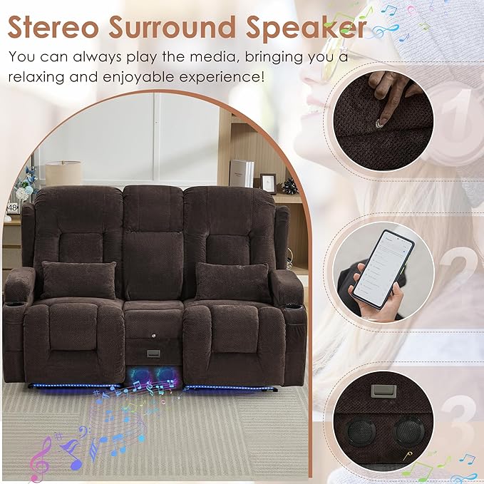 TUNYI Wall Hugger Loveseat Recliner Sofa with Console Power Reclining Loveseat RV Couch with Massage &amp Heat/USB/Outlet/Storage/LED Light/Speaker (Brown)