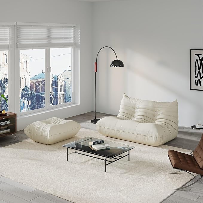 Comfy Lazy Floor Sofa CouchSoft Armless ChairFaux Leather Lounge ChairCorner Relax Sofa Couch for Living Room BedroomSalon OfficeAdults(Cream White)