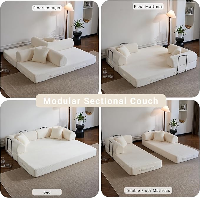 Compressed Sofa Convertible Sofa Bed Corduroy Compression Boneless Couch with Pillow Comfy Modular Foldable Floor Sleeper Sofa for Bedroom Living Room Lounge Studio (White)
