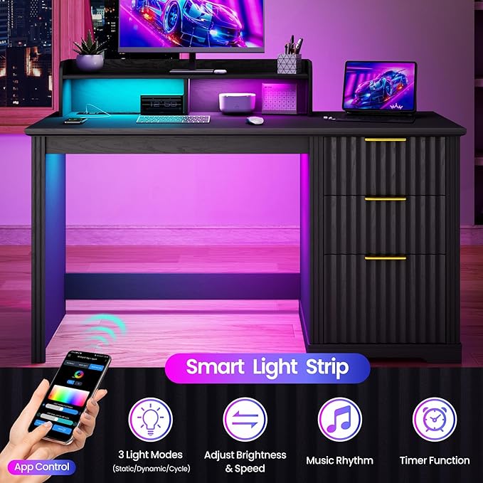 Computer Desk with Monitor Stand 47 inch Home Office Desk with RGB LED Lights and Power Outlets Writing Desk with Storage File Drawer for Working Gaming Writing Black