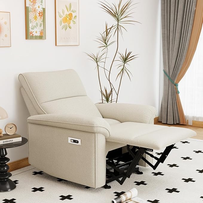 KEIKI Wall Hugger Recliner Chair Zero Wall Electric Recliner Chairs with USB Port Electric Recliner for Living Room Fabric Reclining Armchair for Small Space Beige