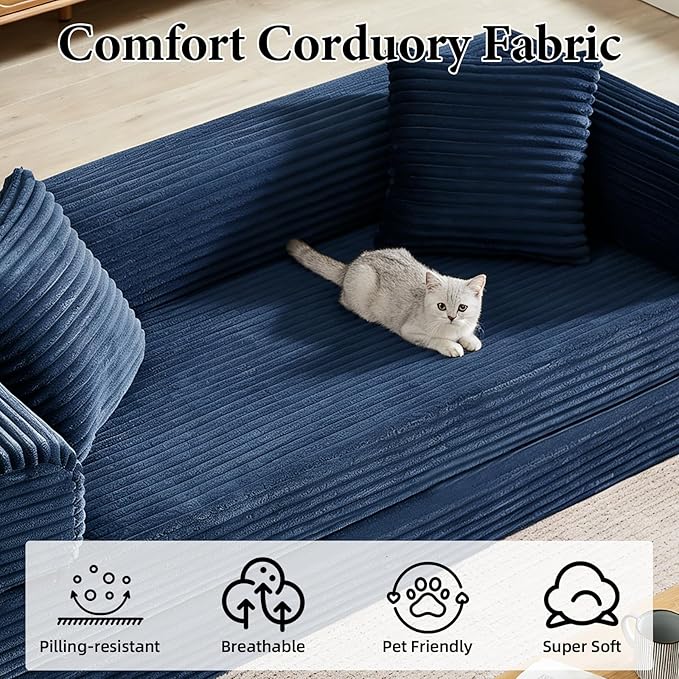 Folding Convertible Sleeper Sofa Bed Corduroy Upholstered Boneless Couch with Pillows Modular Floor Sofa Compression Couch for Living Room No Assembly Required (Blue)