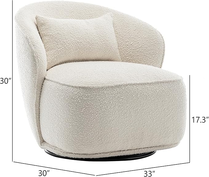 KINWELL 33 W Mid Century Modern Swivel Barrel Chair Upholstered Boucle Swivel Accent Chairs No Assembly Sofa Chair with Toss Pillow for Living Room Bedroom Reading Nursery Cream