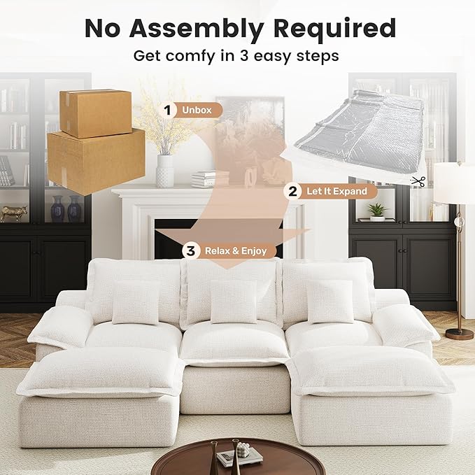 Modular Sectional Sofa 107'' Boneless Couches for Living Room 5-Seat Sofa with 2 Ottomans Cloud U Shaped Couch No Assembly Required Chenille Beige