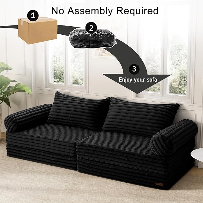 MeMoreCool Convertible Sofa Bed Folding Floor Couch Bed Queen Pull Out Sleeper Couch with Pillows Fold Out Futon Sofa for Bedroom Living Room Small Space Corduroy Black
