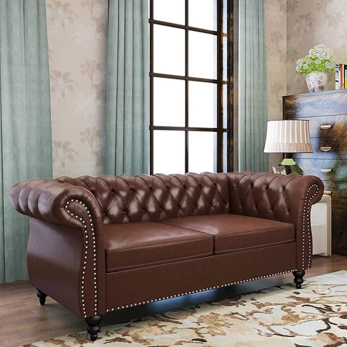 Chesterfield Loveseat Modern Faux Leather Sofa Tufted Couch 2 Seater with Rolled Arms and Nailhead for Living Room Bedroom Office Apartment (Dark Brown)