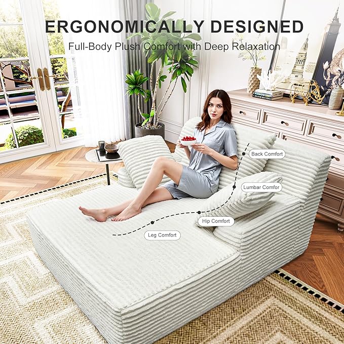 Oversized Chaise Lounge Chair Indoor Corduroy Upholstered Boneless Sofa Bed Deep Seat Sleeper Couch Reading Chairs Cloud Sofas for Living Room No Assembly Required (Beige Single Size)