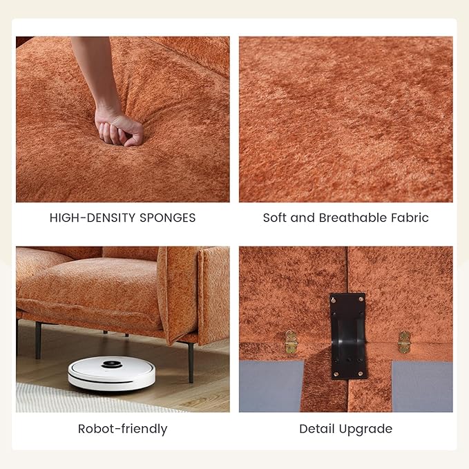 WJShome Sectional Couches for Living Room Velvet 147 Modern 4 Seater Sofa with Removable Cushions Comfort Deep Seat ForApartment 8 High Metal Legs Easy to Clean Terracotta