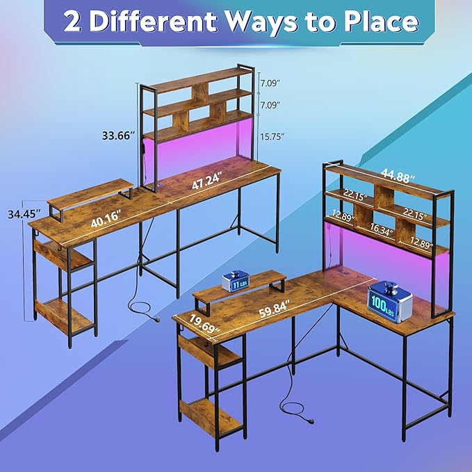 DEVAISE L Shaped Gaming Desk with Hutch Reversible Computer Desk with LED Light 3-Tier Shelves 2 AC+2 USB Outlet and Monitor Stand Corner Desk with Storage for Home Office (Rustic Brown 60 Inch)
