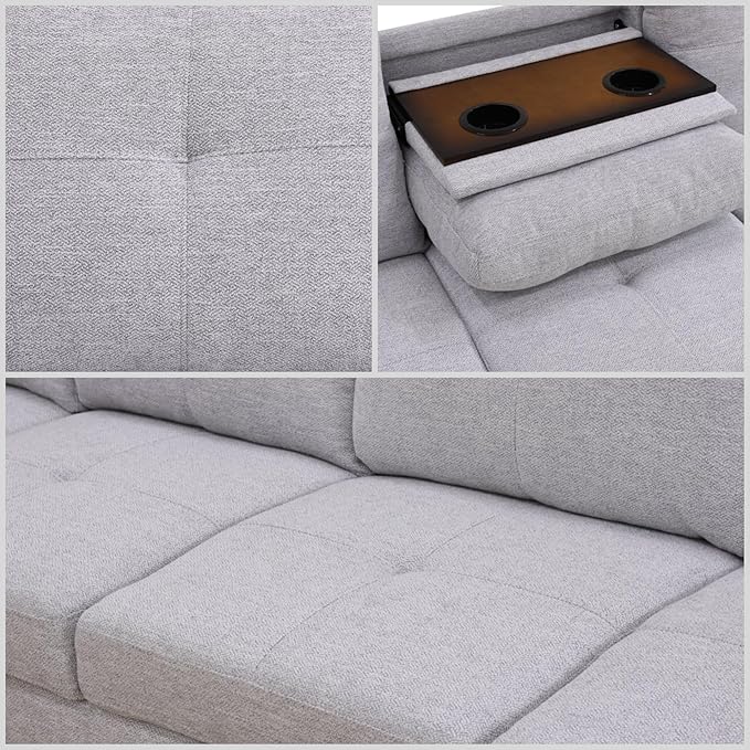 FONTOI L Shaped Sectional Couches for Living Room 4-Seat Modern Modular Sofa with Cup Holders &amp Nail-Head Trim Comfy Couch with Chaise for Office/Bedroom/Apartment Grey White