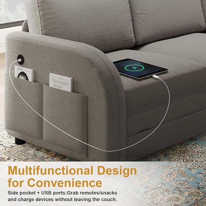 115.2 L Shaped Couch Bed Sectional Couches for Living Room Teddy Fabric Sleeper Sofa Bed with Pull Out Couch Convertible Sectional Couch with Charging Station &amp Side Pocket Light Grey
