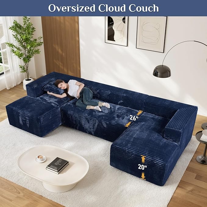 131 Oversized U Shaped Cloud Sectional Couches for Living Room Comfy Fluffy Corduroy Blue Boneless Sectionals Couch Plush Memory Foam Modular Sectional Sofa with Double Chaise- 20 High Seat