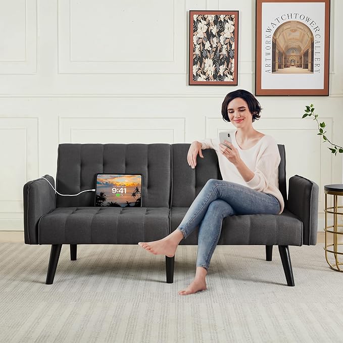 TYBOATLE 65“ Convertible Futon Sofa Bed w/ 2 USB Upholstered Tufted Small Adjustable Folding Couch Loveseat Modern Mid Century Sleeper Sofa for Living Room Bedroom Apartment Office (Dark Grey)