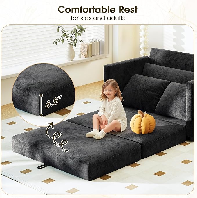 51 Convertible Loveseat Sofa Bed 2-in-1 Folding Sofa Bed with 2 Pillow for Small Spaces Modern Loveseat Sleeper Couch for Apartment Living Room &amp Guest Room (Chenille Black 51 inch)