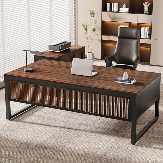 Tribesigns 63-Inch Executive Desk Modern Home Office Desk for Workstation Computer Desk with Sturdy Legs for Home Office (Dark Walnut &amp Black Only Table)
