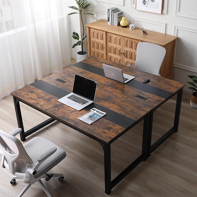 Large Computer Desk - 63 Inch Home Office Desks Study Student Writing Table Gaming Desk Wood Modern Simple Table with USB Ports Rustic + Black