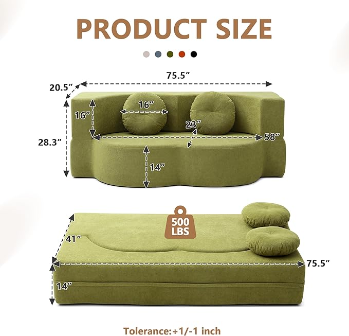 2-in-1 Folding Sofa Bed with Pillow No Assembly Futon Twin Size Sofa Bed Breathable Linen-Cotton Convertible Couch Bed for Living Room and Guest Room 75.5 InchGreen