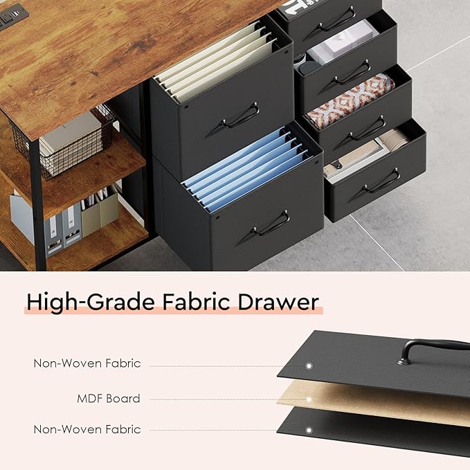 6 Drawer File Cabinet with Charging Station Rolling Printer Stand with Open Storage Shelf Fabric Lateral Filing Cabinet for Home OfficeRustic Brown