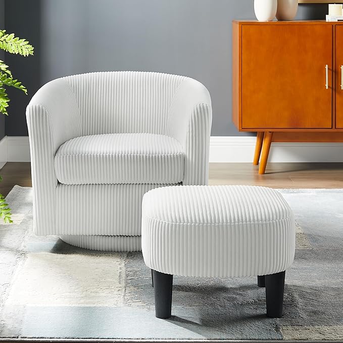 Ball &amp Cast Swivel Accent Chair Ottoman Set 360°Swival Comfy Recliner and Footstool Padded Sofa Armchair with Wrap Around Backrest Corduroy Single Sofa Side-Chair w/Stool White