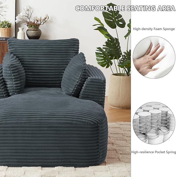 45.3W Boneless Chaise Lounge Sofa Chair Indoor Oversized Corduroy Reading Cloud Couch with Soft Pillows Comfy Single Seat Floor Sleeper Sofa Bed for Living Room Apartment Office Small Spaces