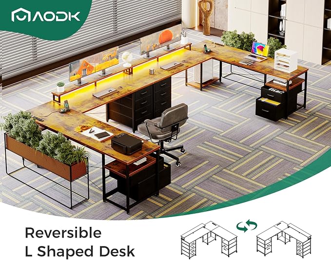 AODK 66 L Shaped Computer Desk 113“ Reversible Home Office Desk with File Cabinet &amp 4 Fabric Drawers Two Person Desk with LED Lights &amp Power Outlet Corner Gaming Desk with Monitor Shelf V