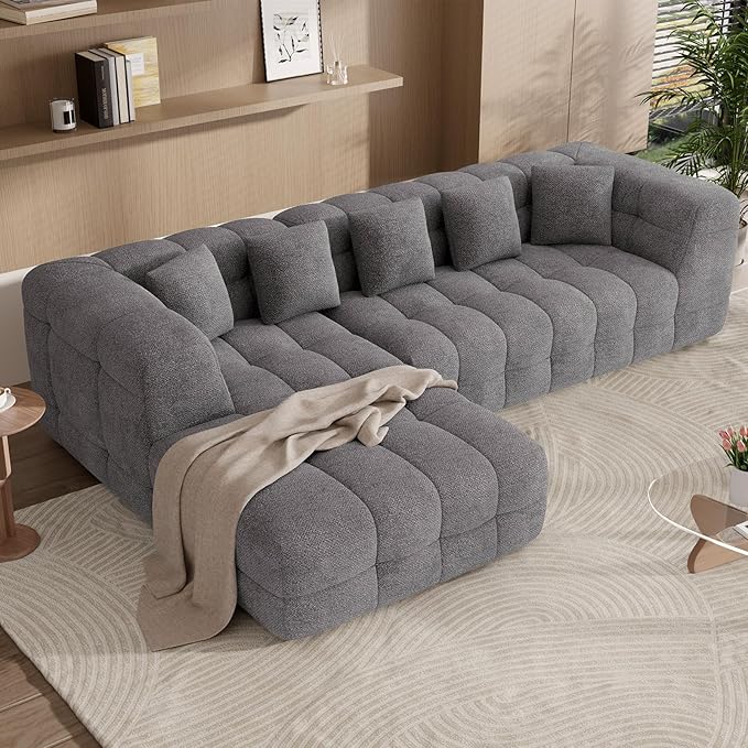 107 Boneless Couch with L - Shaped Chaise Modern Chenille Modular Sectional Sofa with Tufted Design Comfy Upholstered Sofa No - Assembly Sectional Couch Dark Grey