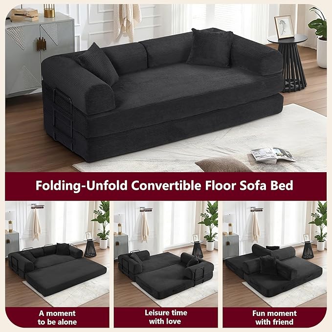 JJJ 63 inch Sofa Bed 4-in-1 Boneless Convertible Corduroy Sleeper Folding Couch with Fixed-Shape Frame and 2 Futons No Assemble Required 3 Seater Upholstered for Living Room (Black 63 inch)