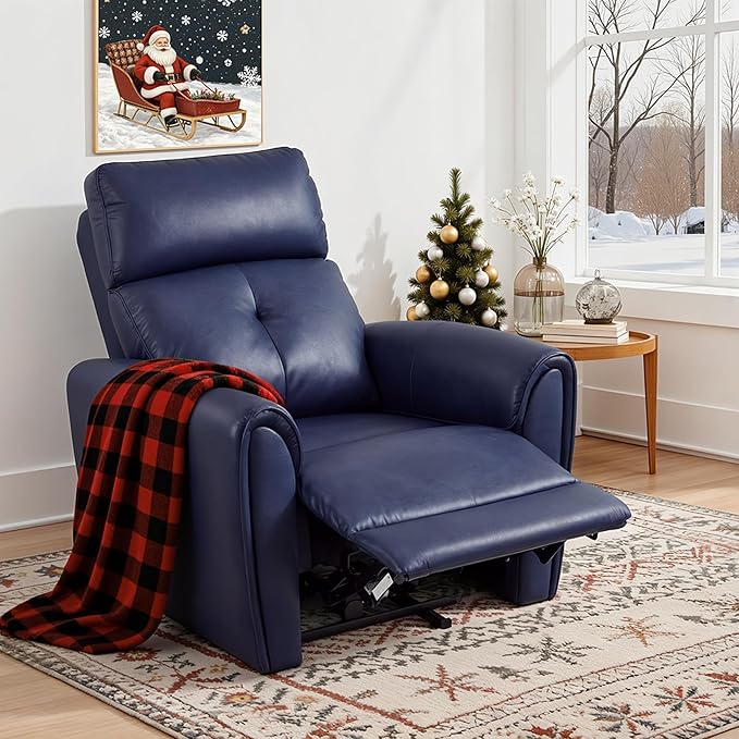 MCombo Power Small Recliners for Small Spaces Living Room RVs Modern Style Zero Wall Hugger Recliners Chair with Lumbar Support USB&ampCharging Ports FSC Certified Faux Leather PR699 (Navy Blue