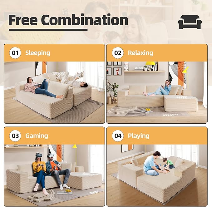 HOMREST 106 Cloud Sectional Couch with Chaise Lounge L-Shape Modular Sectional Boneless Sofa with Deep Seat Upholstered Couches for Living Room Bedroom No Assemble Beige (Plush Corduroy Fabric)