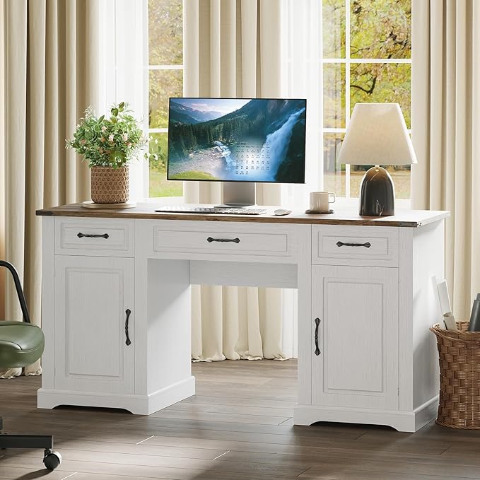 IDEALHOUSE 60 Farmhouse Executive Desk with Drawers Wood Home Office Desk with Storage Cabinet Rustic Computer Writing Desks for Home Study Work Antique White