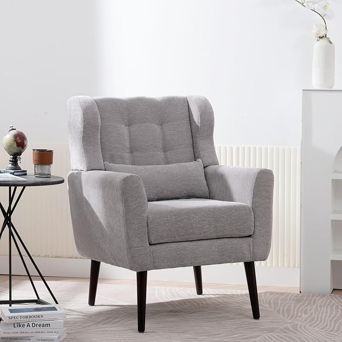 KEIKI Modern Accent Chair Chenille Armchair with Pillow Upholstered Arm Chairs with Solid Wood Legs Soft Padded Lounge Chair Mid Century Reading Chair for Living Room Bedroom Gray