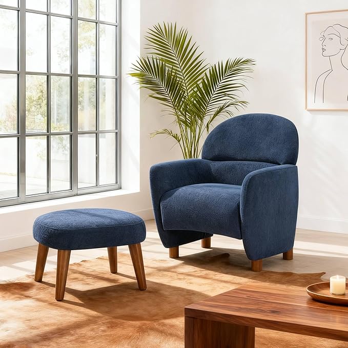 Modern Barrel Chair with Ottoman Upholstered Armchair with Wooden Legs Backrest Single Sofa Soft Cushion Seating Comfy Lounge Chair for Living RoomBedroomReading Corner (Blue)