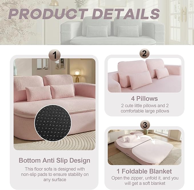 75'' Folding Sleeper Sofa Bed Convertible Memory Foam Boneless Couch Foldable Full Size Guest Bed Modern 2-in-1 Futon Floor Sleeper Sofa with 4 Pillows and Blanket (Teddy Pink2)
