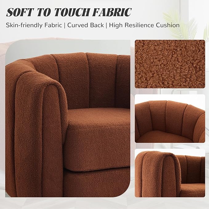 SUNWAVE Swivel Accent Chair 360-degree Swivel Barrel Chair with Teddy Upholstery Comfy Pumpkin-Shaped Accent Chair for Living Room Bedroom or Office (1 Brown 37)