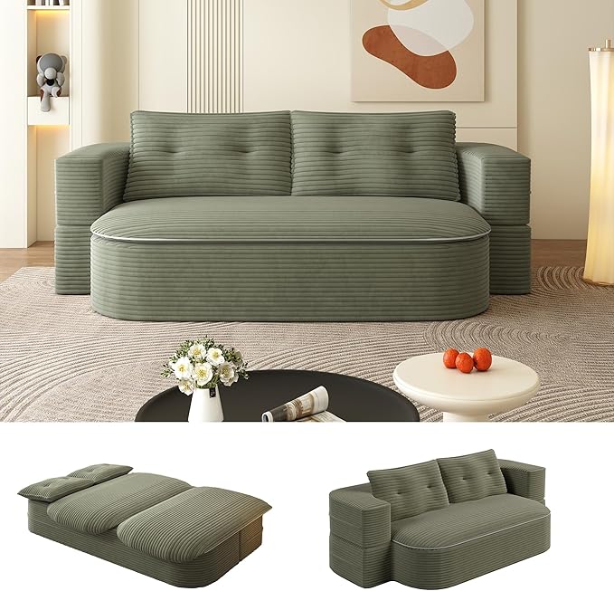 78.7 Convertible Foldable Sofa Bed with Functional Blanket and 2 Soft Pillows 2-in-1 Corduroy Fabric Loveseat Sofa Couch with Deep Seat Curved Sleeper Couch Bed for Living Room (Green)