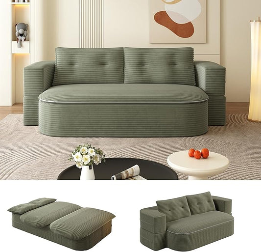 78.7 Convertible Foldable Sofa Bed with Functional Blanket and 2 Soft Pillows 2-in-1 Corduroy Fabric Loveseat Sofa Couch with Deep Seat Curved Sleeper Couch Bed for Living Room (Green)