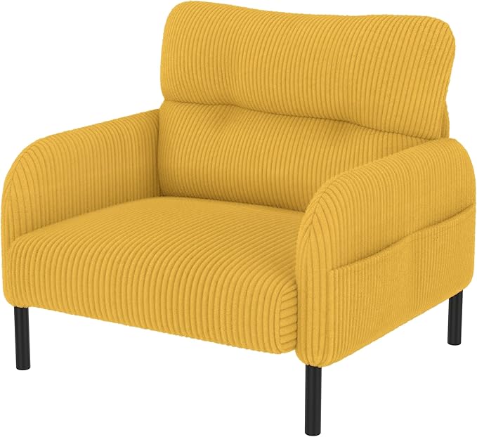 Yellow Accent Chair - Corduroy Living Room Chairs with Side Storage Pockets and Durable Legs Comfy Arm Reading Chair with Soft Backrest for Bedroom Balcony Study Room