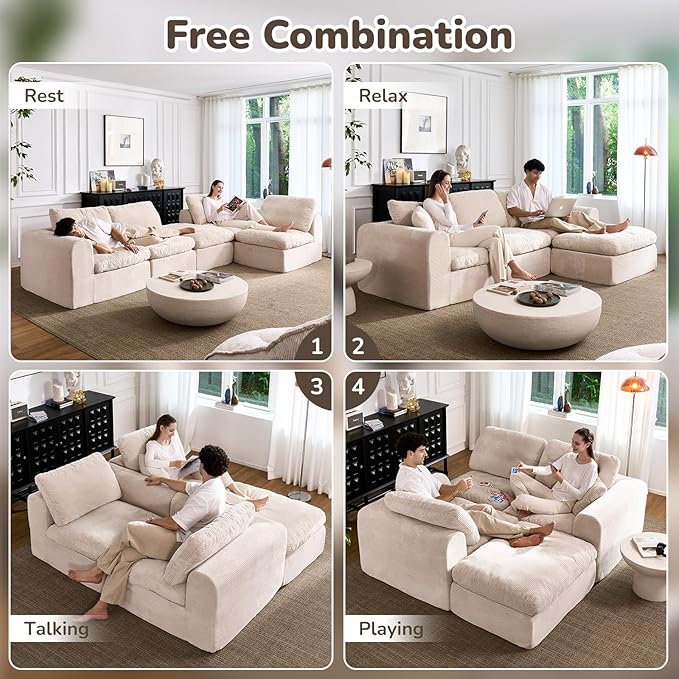 108 Cloud Sectional Couches for Living Room Convertible L-Shape Boneless Couch with Ottoman 4 Seater Modular Cloud Sofa with Deep Seat (Beige3 Seater + 1 Ottoman)
