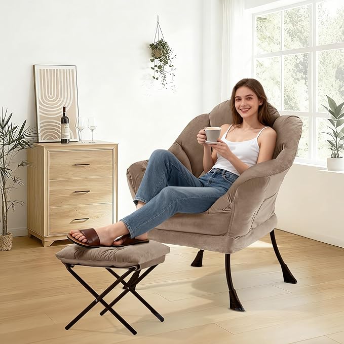 Lazy Chair with OttomanOversized Accent Chair with Thick Cushion Side PocketModern Lounge Arm Reading Chair and Folding Footrest for Living RoomBedroomOfficeDormApartment Brown