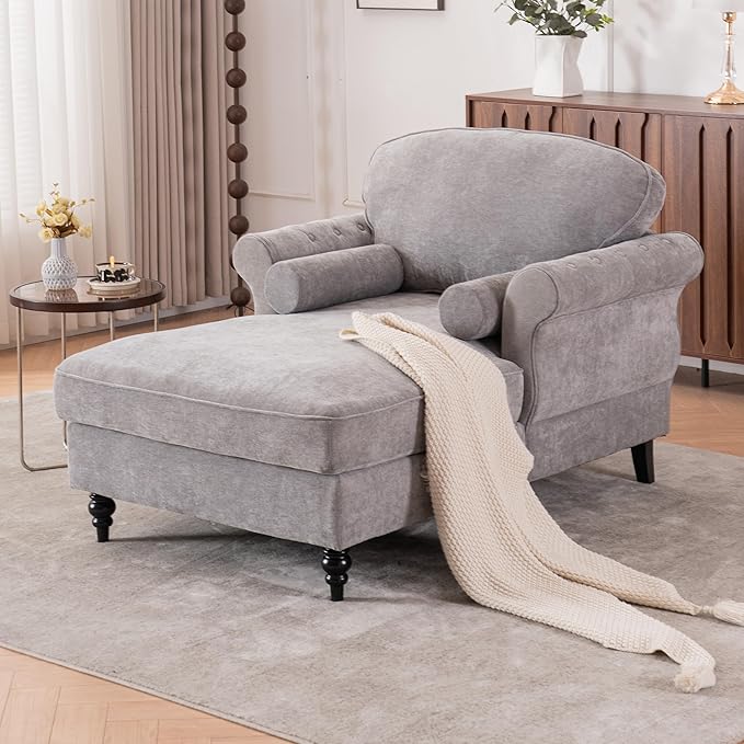 Setawix Chenille Upholstered Chaise Lounger Sleeper Sofa ChairOversized Chaise Lounge Chair Indoor with Rolled ArmsMid Century Modern Lounger Couch for Living Room Bedroom (Light Grey 43.3 W)