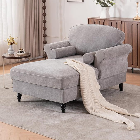 Setawix Chenille Upholstered Chaise Lounger Sleeper Sofa ChairOversized Chaise Lounge Chair Indoor with Rolled ArmsMid Century Modern Lounger Couch for Living Room Bedroom (Light Grey 43.3 W)
