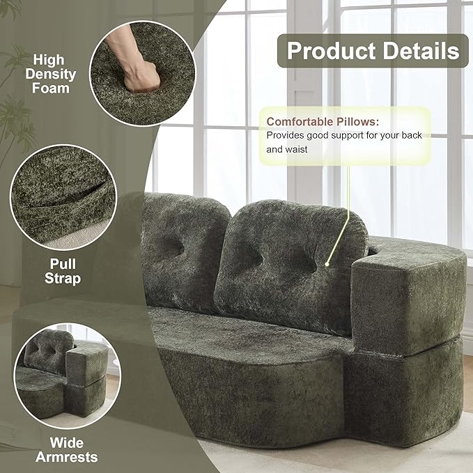 KIVENJAJA 78.7 Boneless Loveseat Convertible Folding Sofa Bed Full Size with Pillows Comfy Cloud Fold Out Couch Foldable Sleeper Sofa Bed for Living Room Small Spaces Office Apartment Green