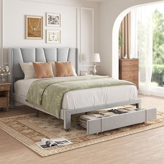 Full Bed Frame with Storage Drawers Upholstered Full Size Platform Bed with 47 Tall Headboard and Wingboard No Box Spring Needed Noise Free Easy Assembly Wooden Support Slats Light Grey