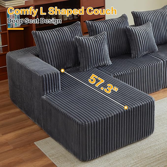 Boneless Couch 101 Cloud Sectional Sofa with L Shaped Chaise Deep Seat Sofa in a Box with 3 Modular Sections Modern Corduroy Comfy Couch for Living Room Grey