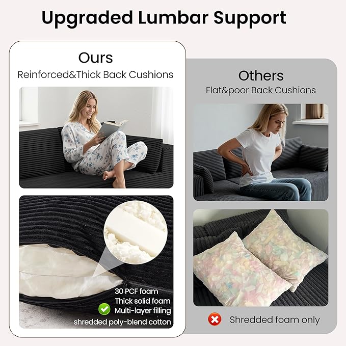 106 Cloud Sectional Boneless Couches for Living Room Modular U Shaped Couch with Deep Seat Removable Ottoman Memory Foam Compressed Spineless 4 Seater Sofa for Bedroom Apartment Black