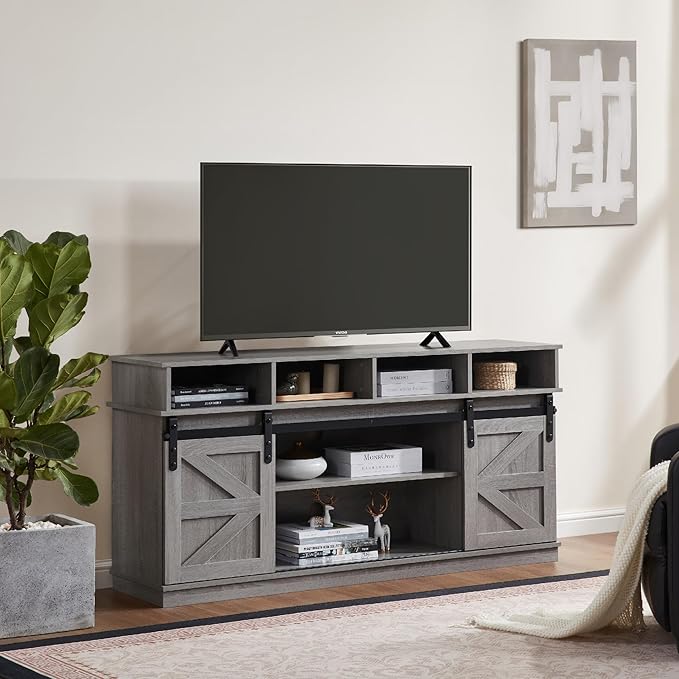 TV Stand for Living Room - Entertainment Center with Storage - Fits 65 Inch TV - Traditional American Country Style TV Cabinet - Media Console - Barn Door TV StandGrey.