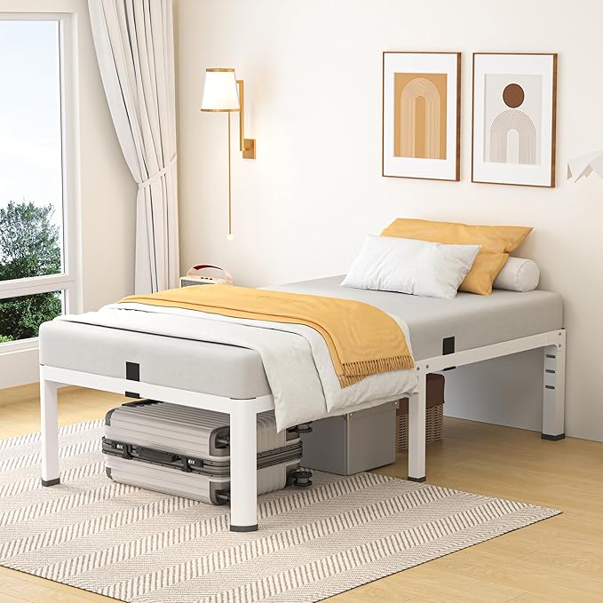 14 Inch Twin Bed Frame Metal Platform Bed Frame with Round Corner Legs 3500 lbs Heavy Duty Steel Slats Support No Box Spring Needed Noise Free Easy Assembly White