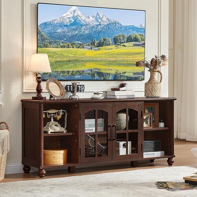 Farmhouse TV Stand for 60 Inch TV Wood Entertainment Center with Glass Door Storage Cabinet &amp Adjustable ShelvesTelevision Stands for 65 TVS TV Console Table for Living RoomBedroomWalnut